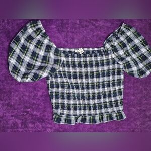 American Eagle Womens Top Size M Green Plaid Puff Sleeve Crop Blouse